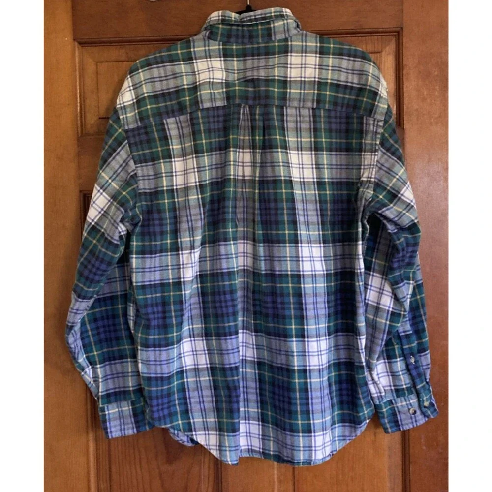 Vintage Lands End Mens L 16-16.5  Regular Cotton Blue Plaid Button Down Shirt